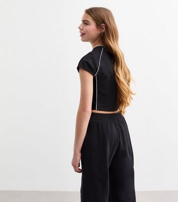 Girls Black Piped Trim Cap Sleeve T-Shirt 4 Girls Black Piped Trim Cap Sleeve T-Shirt