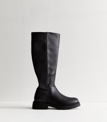 Black Faux Leather Knee High Boots