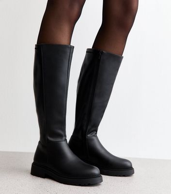 Black Faux Leather Knee High Boots