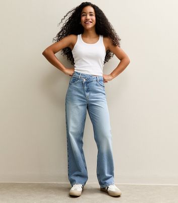 Girls Light Blue Asymmetric Waist Wide Leg Jeans