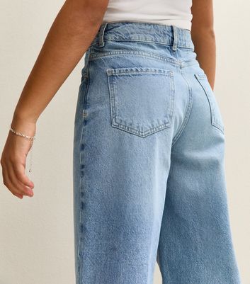 Girls Light Blue Asymmetric Waist Wide Leg Jeans