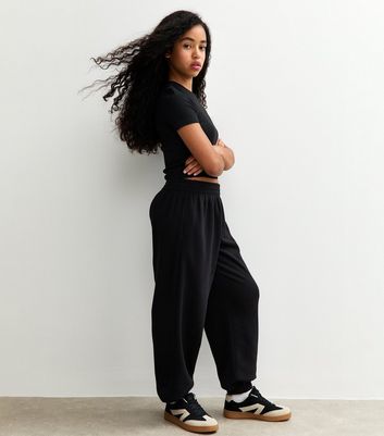 Girls Black Oversized Cuff Joggers