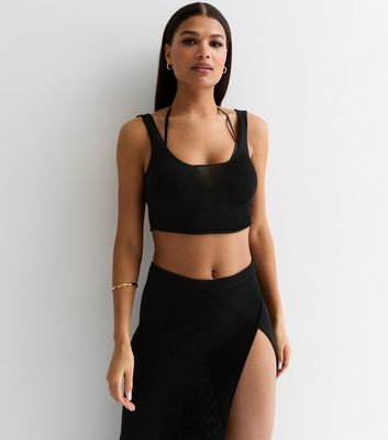 Black Knit Scoop Neck Crop Top