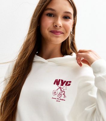 Girls Cream Cotton NYC Logo Hoodie