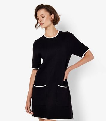Apricot Black Contrast Piping Knit Dress