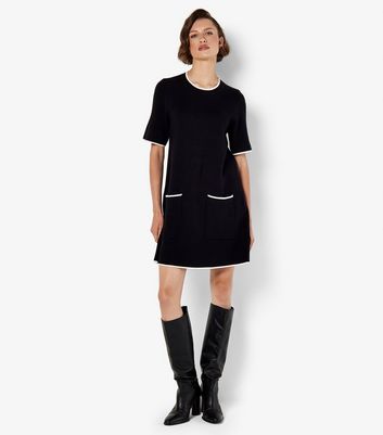 Apricot Black Contrast Piping Knit Dress