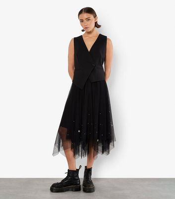 Apricot Black Tulle Faux Pearl Midi Skirt