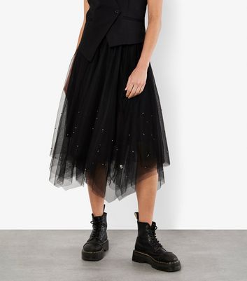 Apricot Black Tulle Faux Pearl Midi Skirt