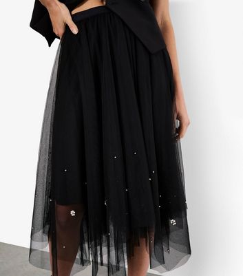 Apricot Black Tulle Faux Pearl Midi Skirt 4 Apricot Black Tulle Faux Pearl Midi Skirt