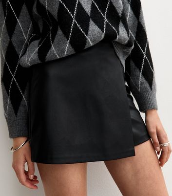 Black Faux Leather Wrap Skort