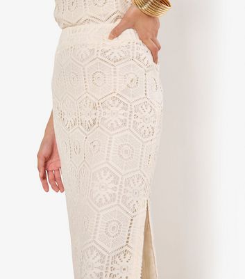 Apricot Cream Tile Crochet Slit Hem Maxi Skirt