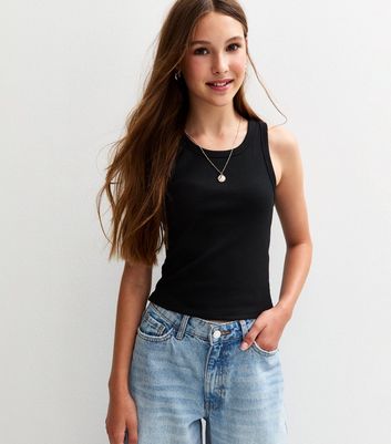 Girls Black Ribbed Racer Back Vest