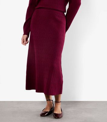 Apricot Burgundy Fine Cable Knit Midi Skirt