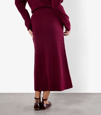 Apricot Burgundy Fine Cable Knit Midi Skirt