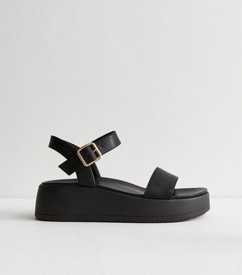 Black Grained Faux Leather Flatform Sandals 3 Black Grained Faux Leather Flatform Sandals