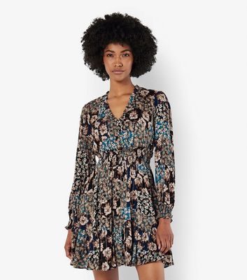 Apricot Black Floral Print Mini Dress