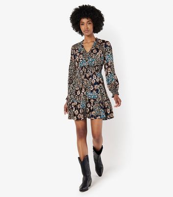 Apricot Black Floral Print Mini Dress