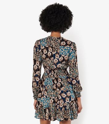 Apricot Black Floral Print Mini Dress