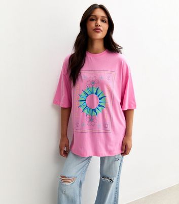 Bright Pink Oversized Sun Print T-Shirt