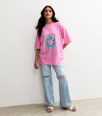 Bright Pink Oversized Sun Print T-Shirt