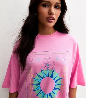 Bright Pink Oversized Sun Print T-Shirt