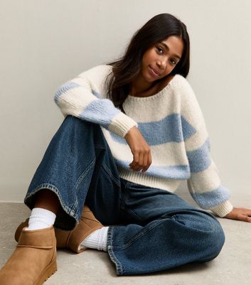 Girls Blue Striped Slash Neck Jumper