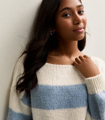 Girls Blue Striped Slash Neck Jumper
