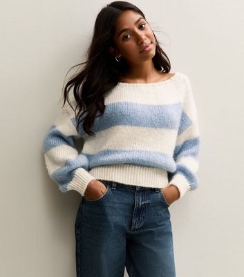 Girls Blue Striped Slash Neck Jumper 3 Girls Blue Striped Slash Neck Jumper