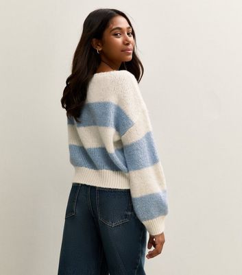 Girls Blue Striped Slash Neck Jumper 4 Girls Blue Striped Slash Neck Jumper