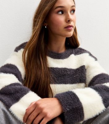 Girls Black and White Fluffy Striped Jumper