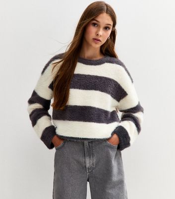 Girls Black and White Fluffy Striped Jumper