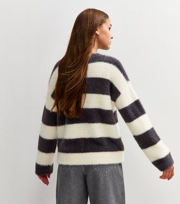 Girls Black and White Fluffy Striped Jumper 4 Girls Black and White Fluffy Striped Jumper