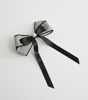 Black Check Faux Pearl Embellished Bow Hair Slide