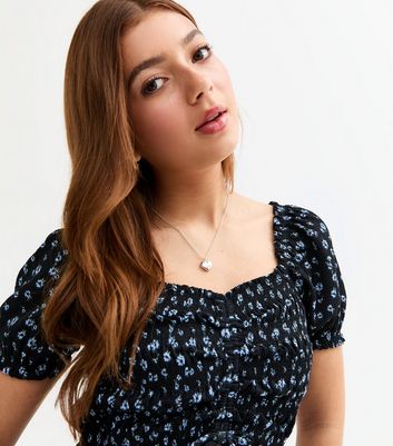Girls Black Floral Print Ruched Crop Top