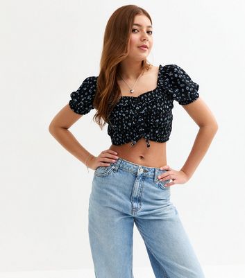 Girls Black Floral Print Ruched Crop Top