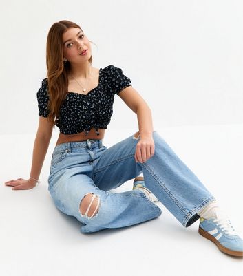 Girls Black Floral Print Ruched Crop Top 3 Girls Black Floral Print Ruched Crop Top