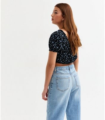Girls Black Floral Print Ruched Crop Top 4 Girls Black Floral Print Ruched Crop Top
