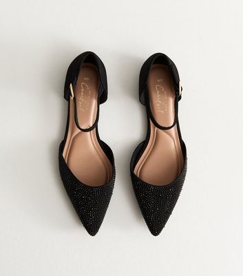 Black Bedazzled Pointed Toe Ankle Strap Ballerina Flats 3 Black Bedazzled Pointed Toe Ankle Strap Ballerina Flats