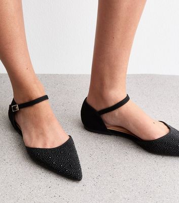 Black Bedazzled Pointed Toe Ankle Strap Ballerina Flats 4 Black Bedazzled Pointed Toe Ankle Strap Ballerina Flats