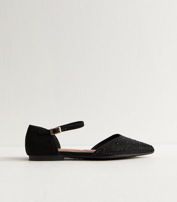 Black Bedazzled Pointed Toe Ankle Strap Ballerina Flats 7 Black Bedazzled Pointed Toe Ankle Strap Ballerina Flats