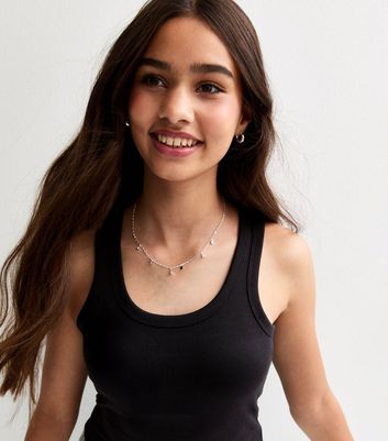 Girls Black Scoop Neck Ribbed Vest Top