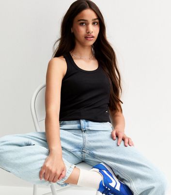 Girls Black Scoop Neck Ribbed Vest Top