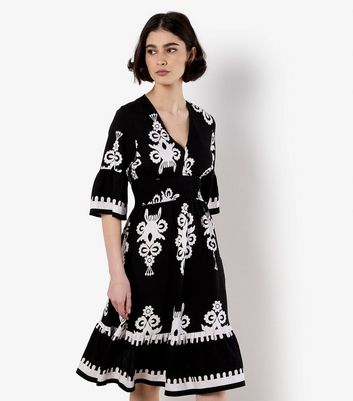 Apricot Black Floral Baroque Smocked Mini Dress