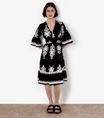 Apricot Black Floral Baroque Smocked Mini Dress