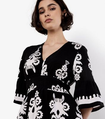 Apricot Black Floral Baroque Smocked Mini Dress 4 Apricot Black Floral Baroque Smocked Mini Dress