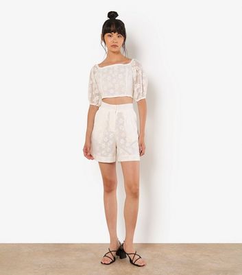 Apricot Cream Floral Embroidered Shorts