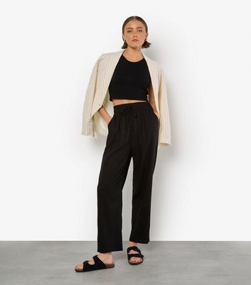 Apricot Black Linen Look Palazzo Trousers