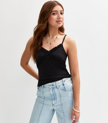 Girls Black Ruffle Trim Cami Top