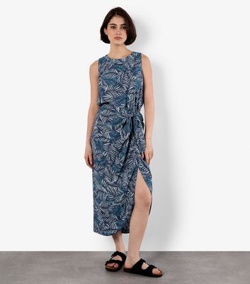 Apricot Blue Leaf Print Midi Wrap Skirt