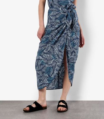 Apricot Blue Leaf Print Midi Wrap Skirt